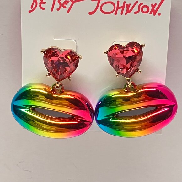 Betsey Johnson Metallic Rainbow Lips Gem Drop Earrings - Picture 2 of 2